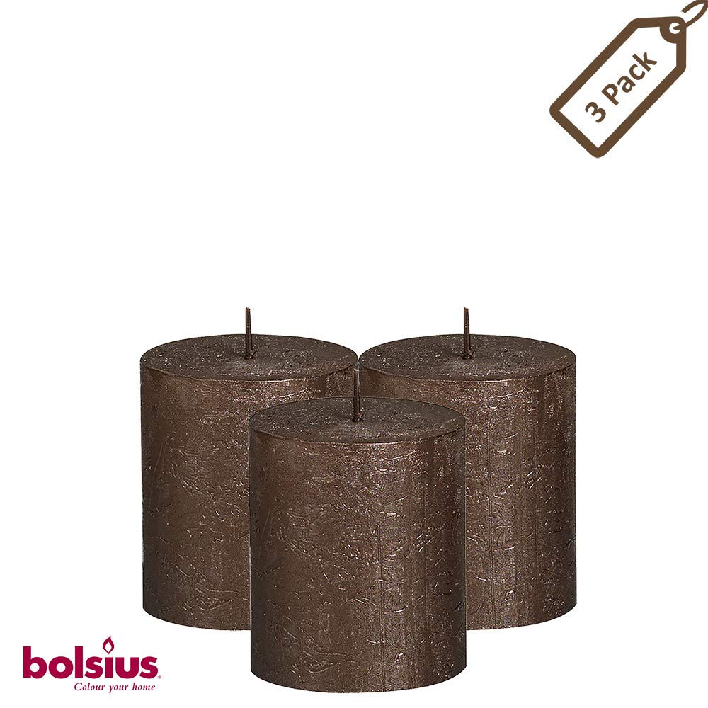 BOLSIUS White Unscented Pillar Candles - Rustic Full Metallic Full Brown Candle - Decorative Candles Set of 3 - Clean Burning for Wedding Home Decor Party Restaurant Spa-Aprox 2.75" x 3.25" (80/68m)