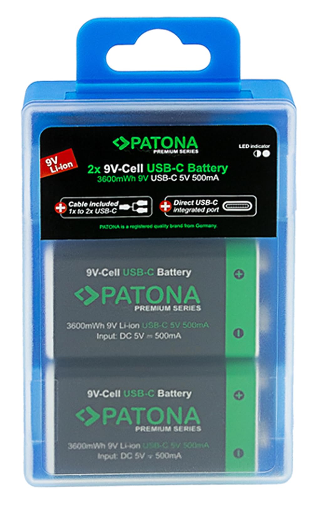 PATONA Lot de 2 Piles de détecteur de fumée USB-C 9 V / 3,6 Wh/Rechargeable Via USB-C (500 mA), câble de Charge USB-C avec 2 Ports - 1413