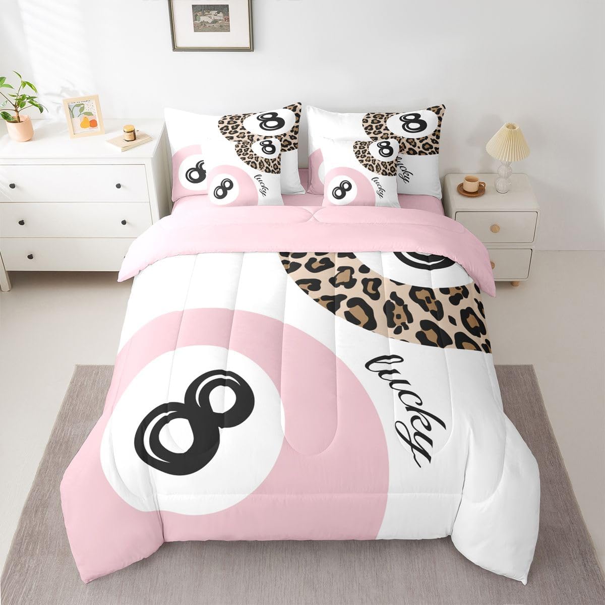 Funky Lucky 8 Ball Comforter Set 7 Piece Bed In A Bag Queen,Boys Girls Preppy Leopard Print Bedding Sets,Lucky 8 Ball Cheetah Comforter and Sheets Y2K Trendy Preppy Bed Set Room Decor Aesthetic