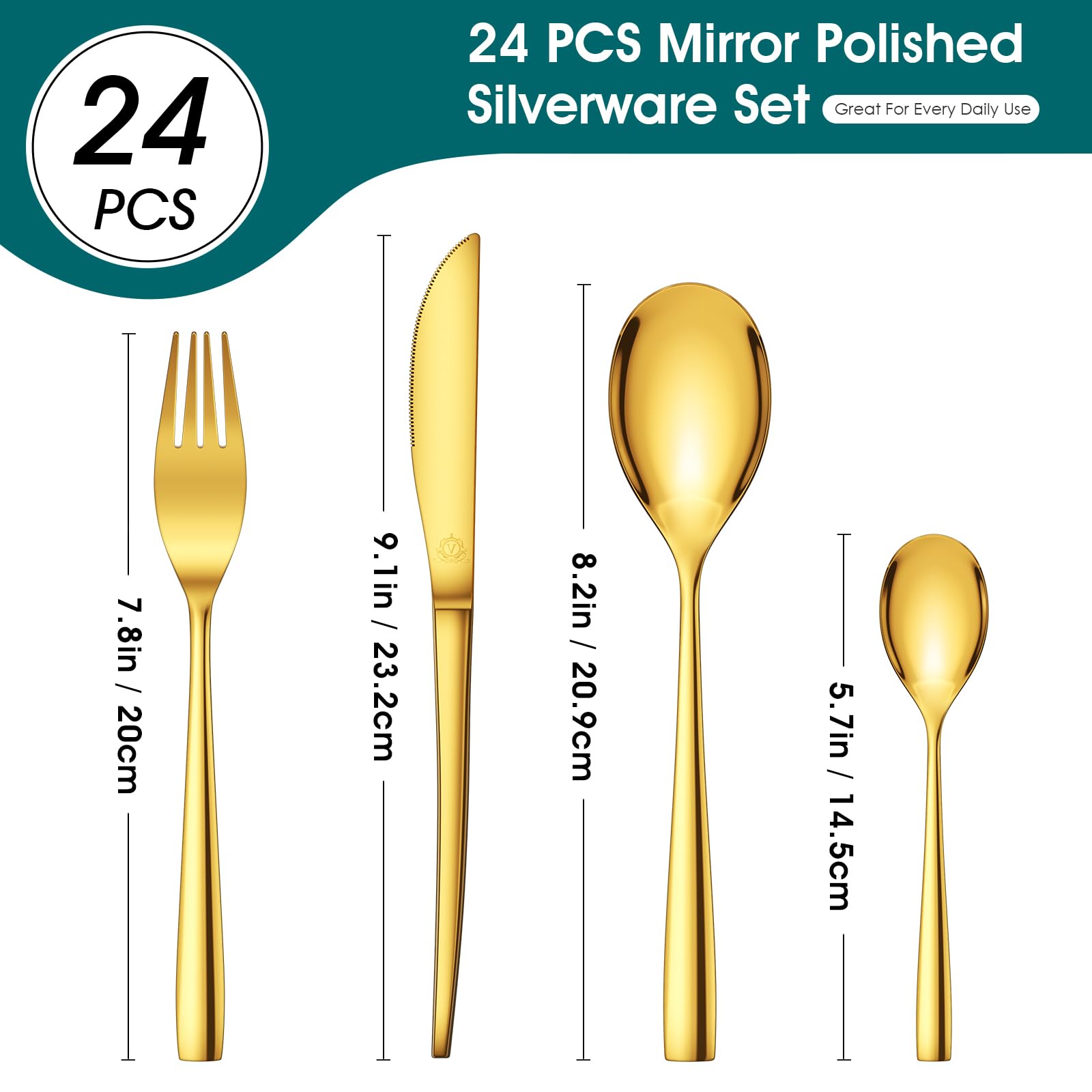 Vancasso - Cubiertos de mesa para 6 personas, 24 piezas, de acero inoxidable, incluye 1 cuchillo, 1 tenedor, 2 cucharas, para la familia, el restaurante, oro