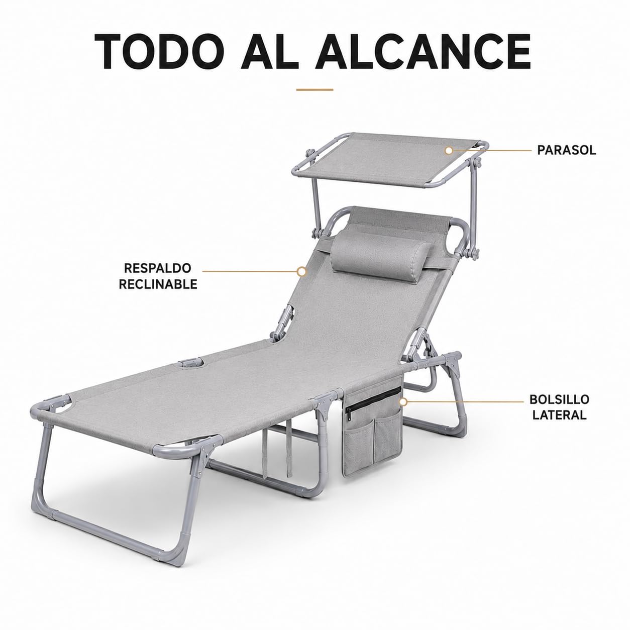 Pack 2 tumbonas Plegables con Parasol Ajustable y cojín reposacabezas – Respaldo multiposición, Bolsillo Lateral, Estructura metálica, jardín terraza Piscina y Playa, Gris