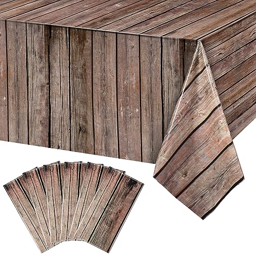 Tiamon 6 Pcs Wood Grain Western Tablecloth Plastic Rustic Wood Table Cover