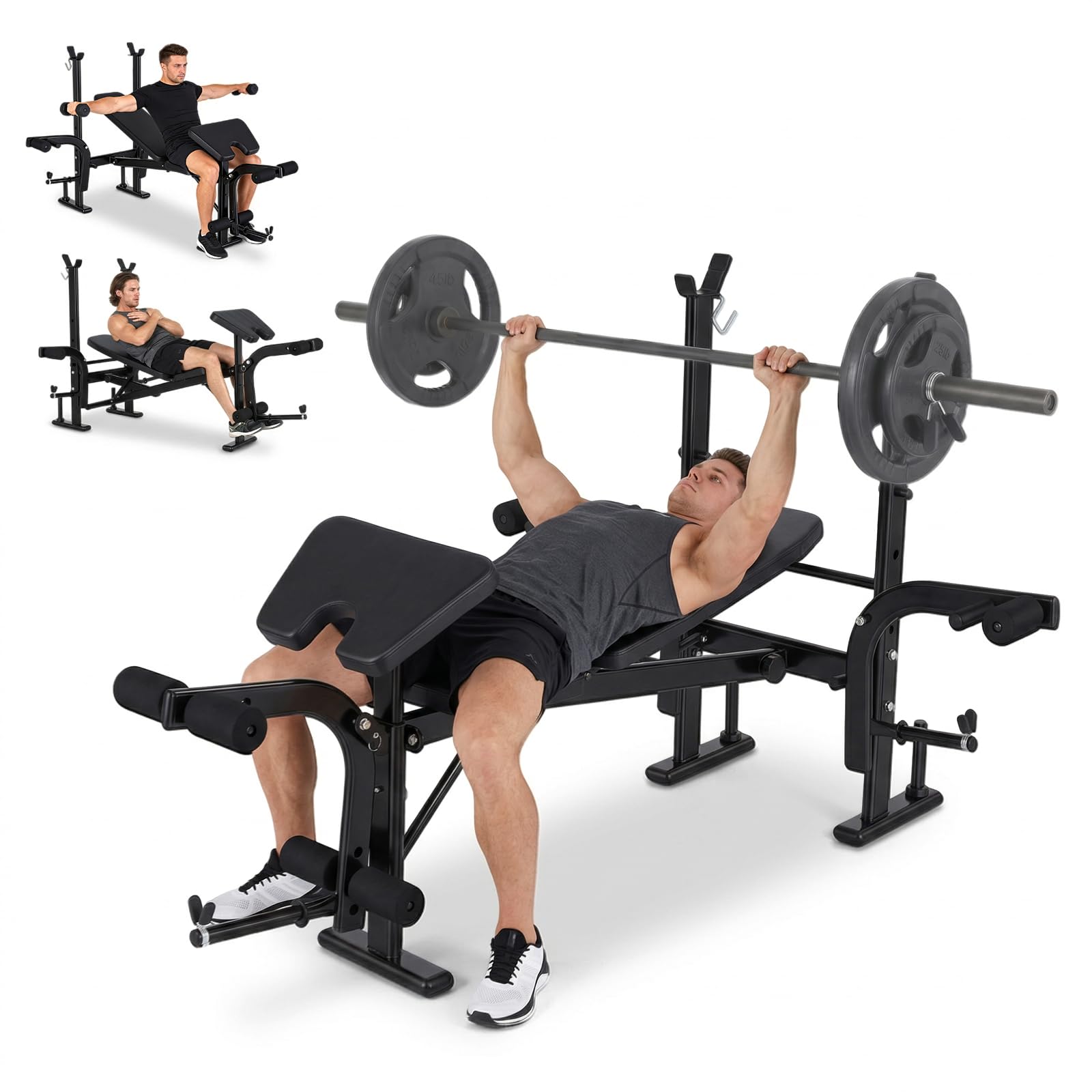 6-in-1 Adjustable Weight Bench, Heavy Duty Incline Decline Flat Bench Press with Leg Press, Preacher Curl & Squat Rack, Foldable Full Body Workout Gym Equipment for Home