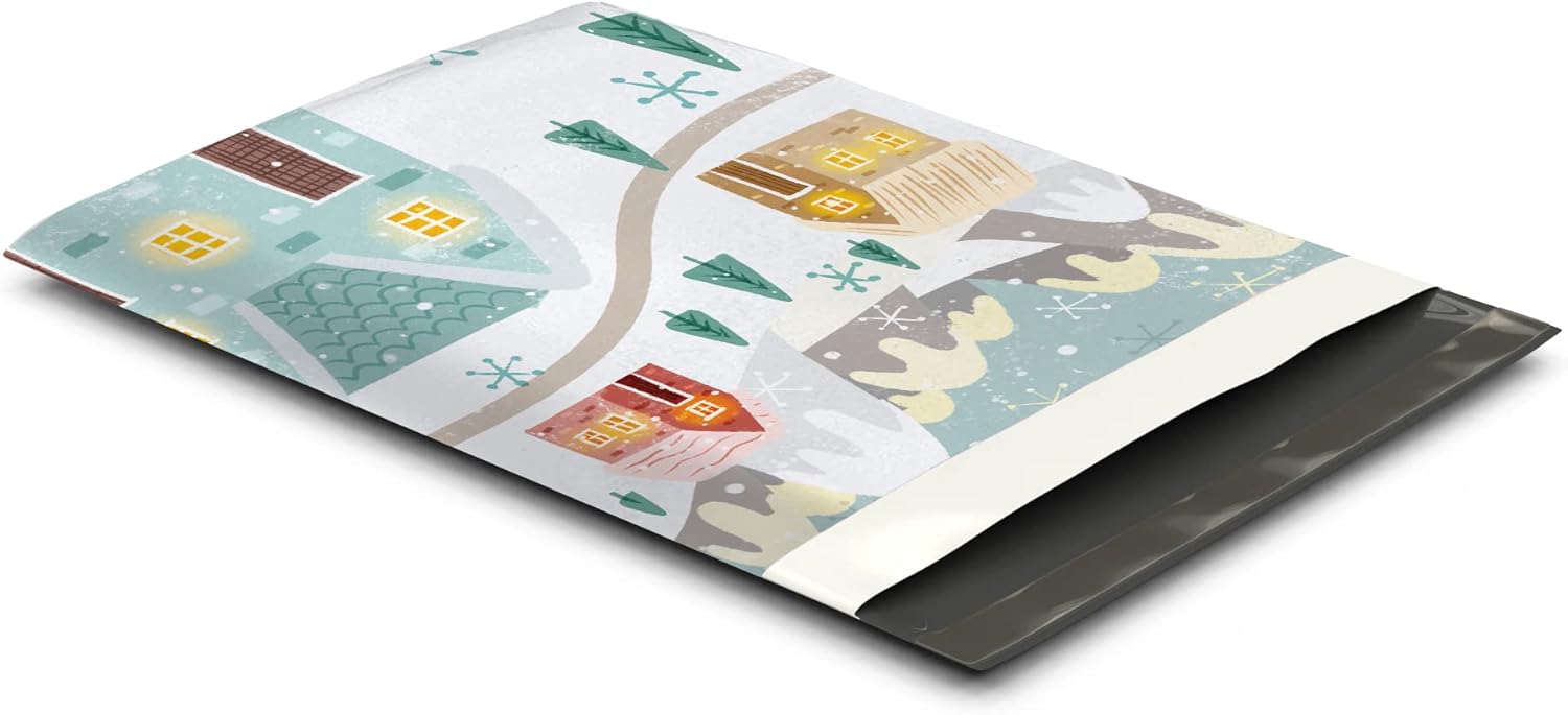10x13 (100) Winter Village Christmas Designer Poly Mailers Self Sealing Waterproof Shipping Envelopes Holiday Premium Printed Bags For Small Businesses