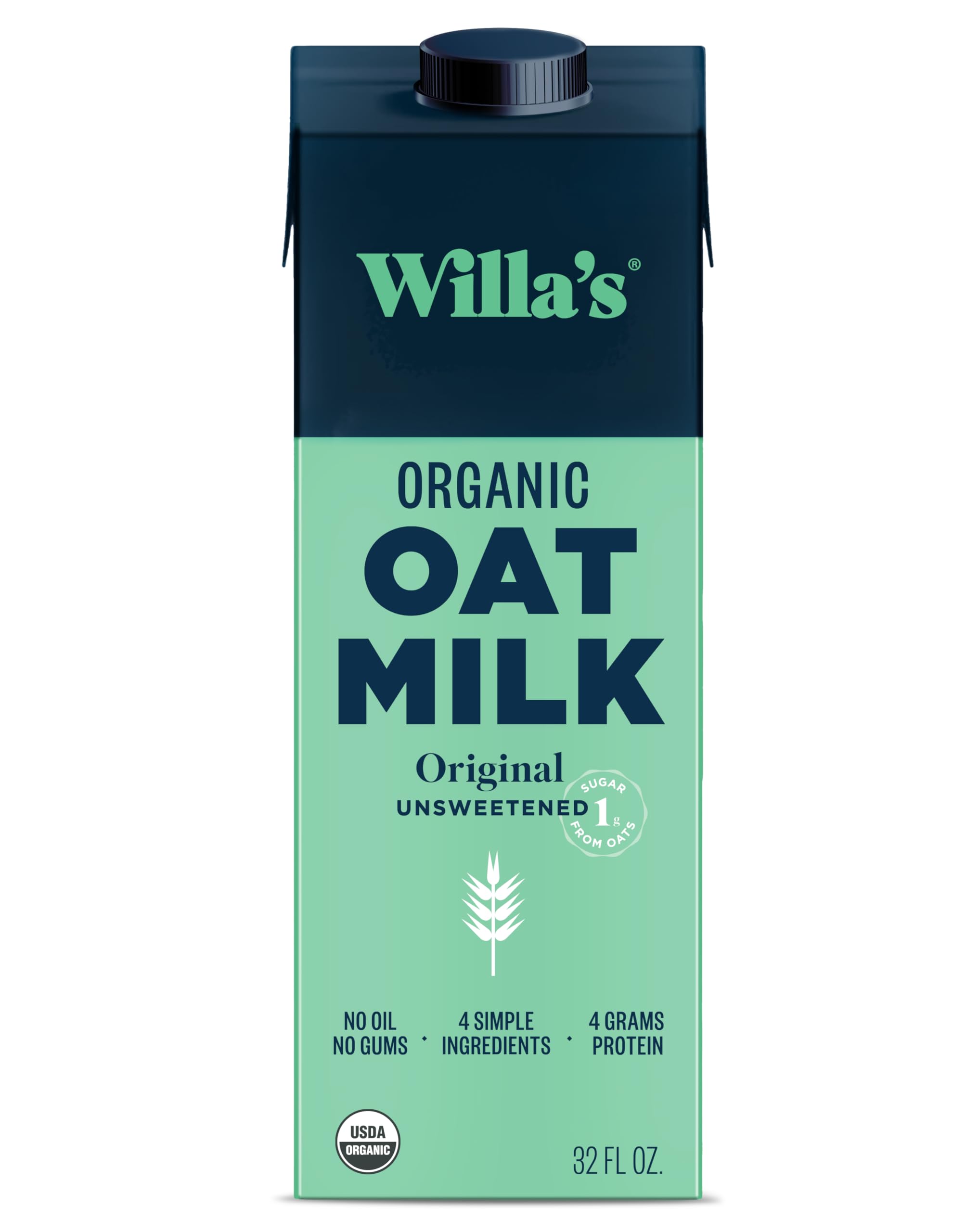 Willa'sUnsweetened Organic Oat Milk, 32 oz, 1 pack - Vegan, Plant Based, Low Sugar (1g), Non-GMO, Shelf-Stable, & Made from Whole Grain Oats