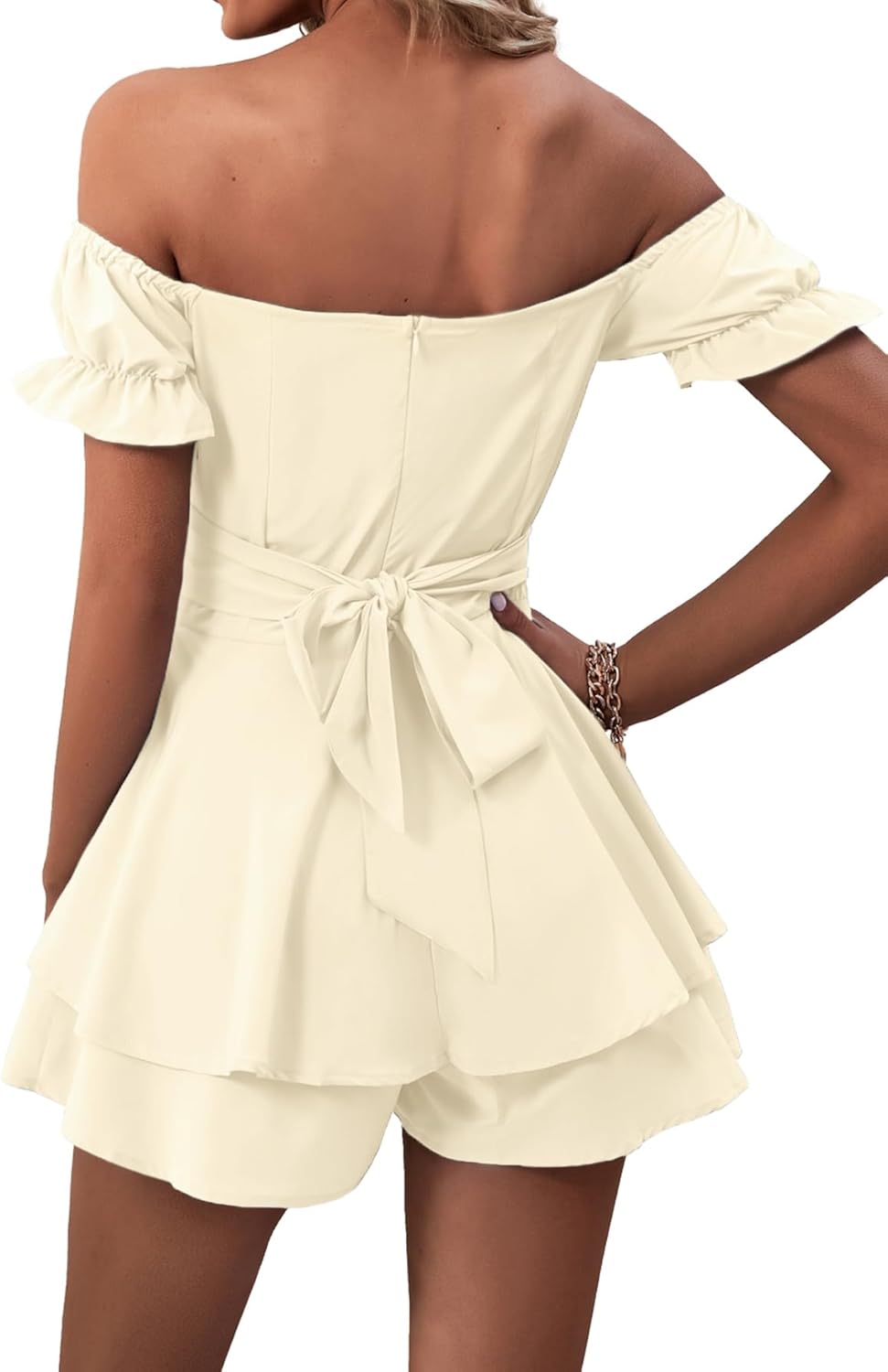 LYANER Women's Off Shoulder Wrap Tie Up Back Ruffle Short Sleeve Romper Short Jumpsuit - Image 2