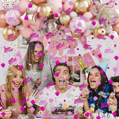 Image of Hot Pink and Silver Happy Birthday Confetti, 3000 Pcs Birthday Cake Table Metallic Foil Confetti Party Table Decor for Party, Baby Shower, DIY Arts and Crafting