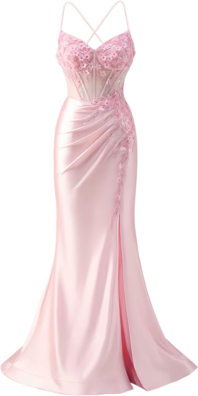 Zeeyecie V-Neck Satin Prom Dresses with Slit 3D Flower Beaded Sequin Sparkly Mermaid Long Evening Formal Ball Gowns