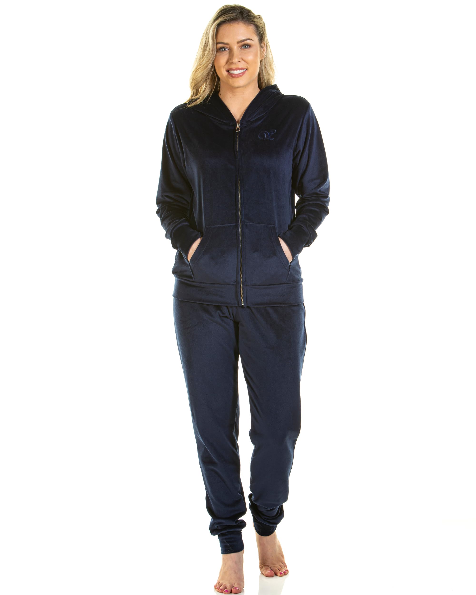 Wysteria Lane Women's Velour Plush Knit Hooded Lounge Set Navy