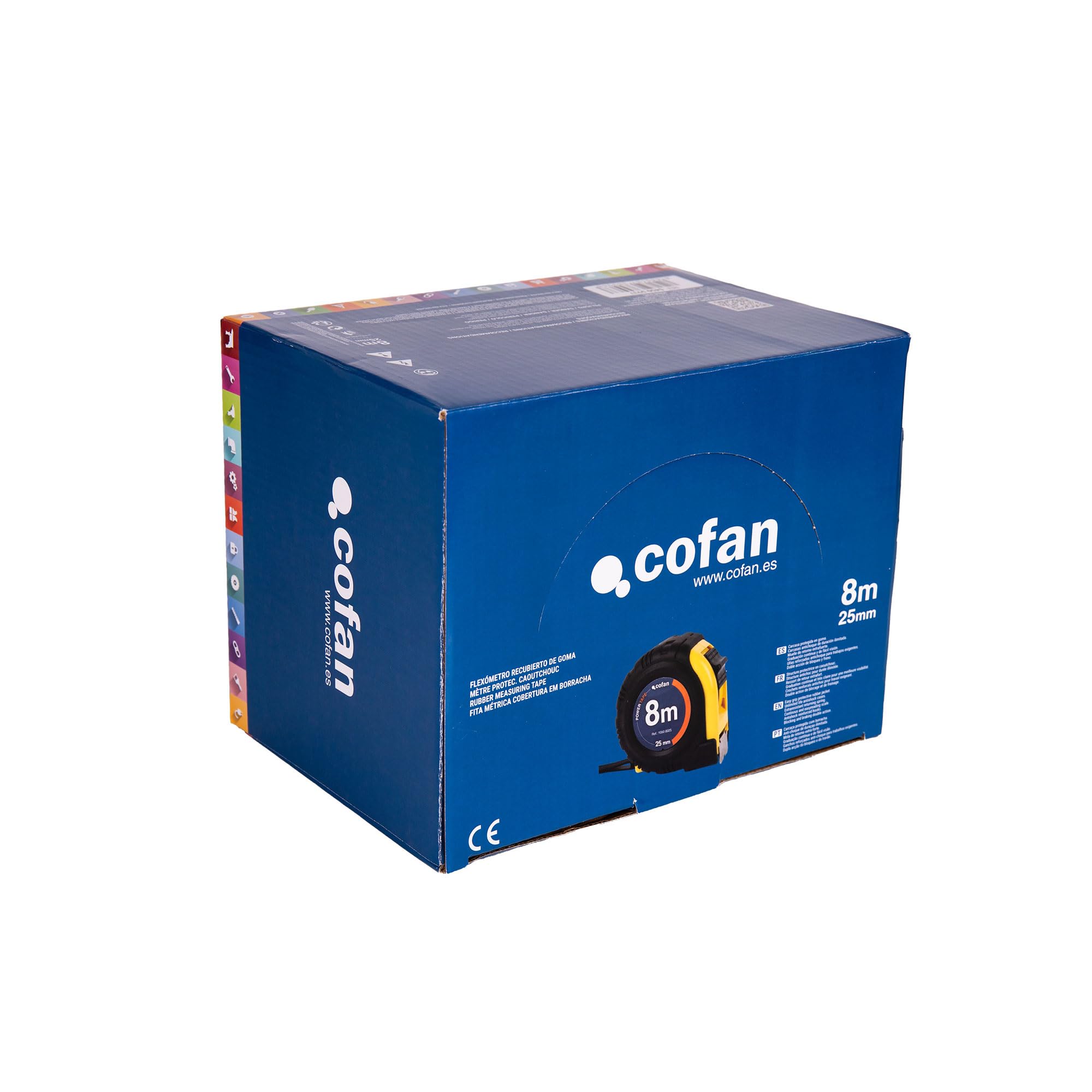 Cofan Espositore per Flexometri con protezione in gomma di Cofan | Include 6 flessometri | Flexometro da 5, 8 o 10 m x 25 o 32 mm (foglio) (6, 8 m x 25 mm)