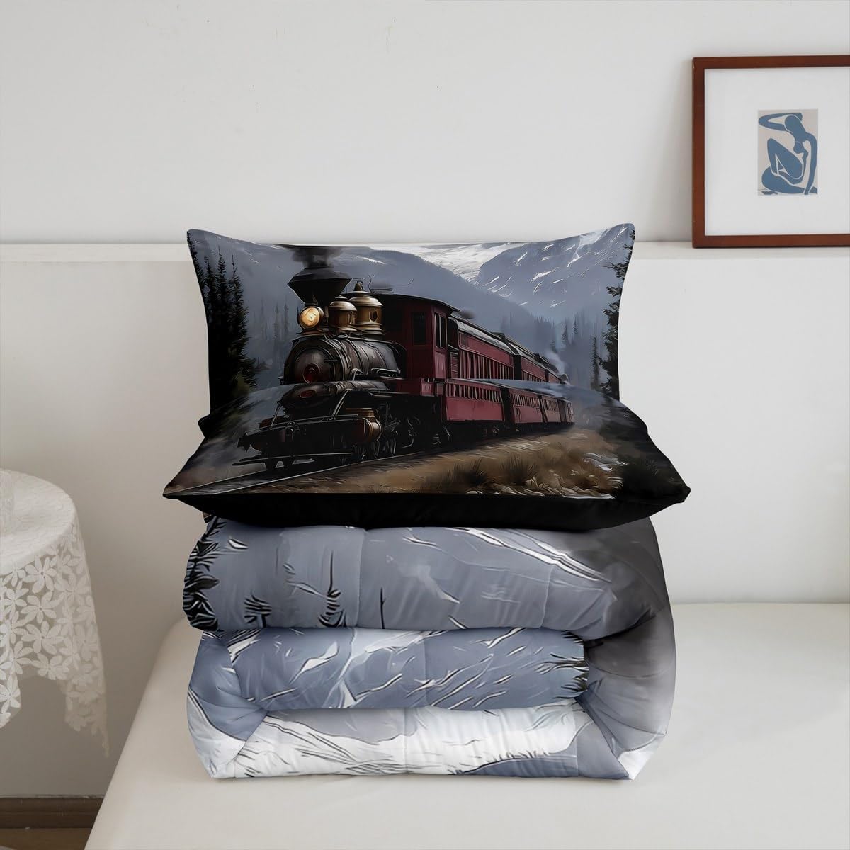 Erosebridal 3D Steam Train Comforter Set Queen Size,Rustic Transport Car Bedding Set,Retro Steam Engine Duvet Insert for Adults Women Men Room Decor,Travel Locomotive Quilt,Red Black