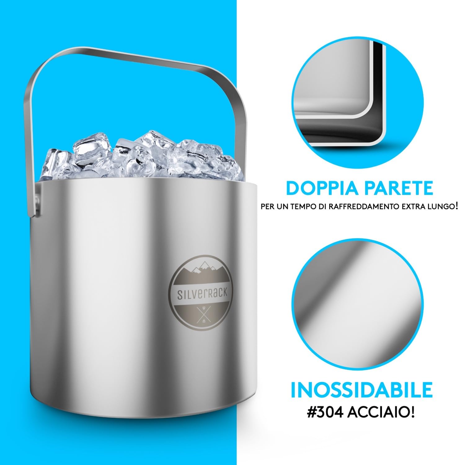 SilverRack - Contenitore per cubetti di ghiaccio in acciaio INOX, con coperchio e pinza per frutta e ghiaccio, ideale per picnic, feste o matrimoni, 1. Basic