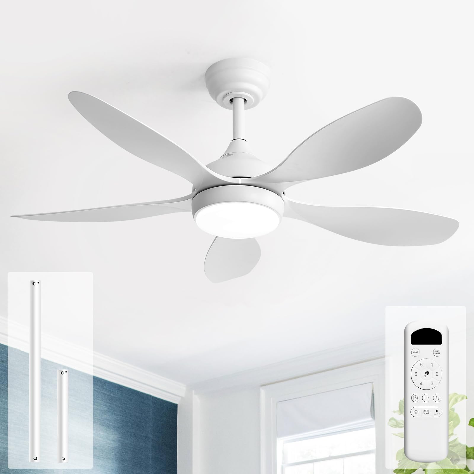 Sofucor 107cm Ventilador de Techo con Luz, Mando, 6 Velocidades, Temporizador, Motor DC, LED Silencioso Ventilador Techo con Lampara para Dormitorio Salon