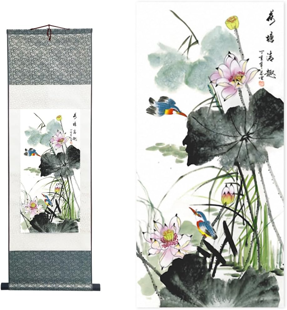 Ziosxin Chinese Art Painting Chinese Brush Landscape Ink Flower and Bird Painting Asian Tapestry Silk Scroll Painting Decor Wall Hanging Painting (Lotus A, 39" x 12"/100 x 30cm)