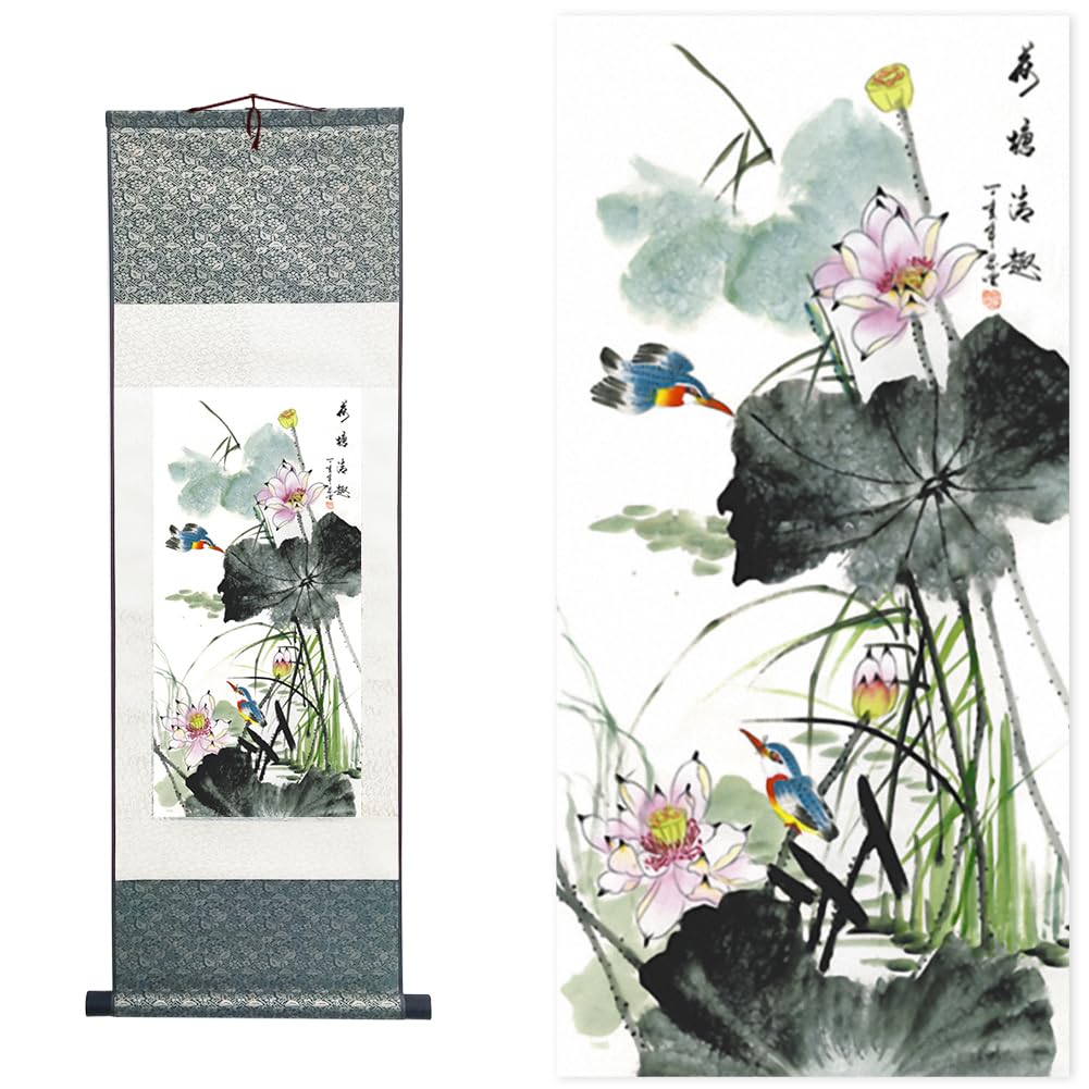 Ziosxin Chinese Art Painting Chinese Brush Landscape Ink Flower and Bird Painting Asian Tapestry Silk Scroll Painting Decor Wall Hanging Painting (Lotus A, 39" x 12"/100 x 30cm)