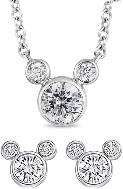 baobei Mickey Mouse jewellery sets for women Cubic Zirconia sterling silver Minnie mouse pendant necklace and stud earrings sets gift for girls friendship birthday gift, silver chain jewellery box
