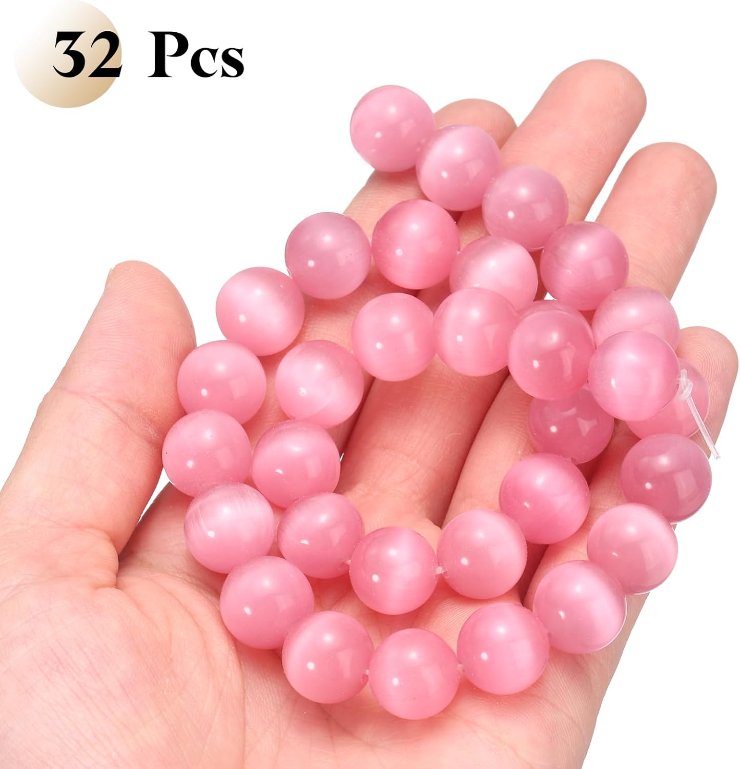 HARFINGTON 32pcs Pink Cat's Eye Stone Beads 12mm Round Smooth Gemstone Crystal Loose Bead for Jewelry Making Bracelets Necklace Earrings DIY - Image 3