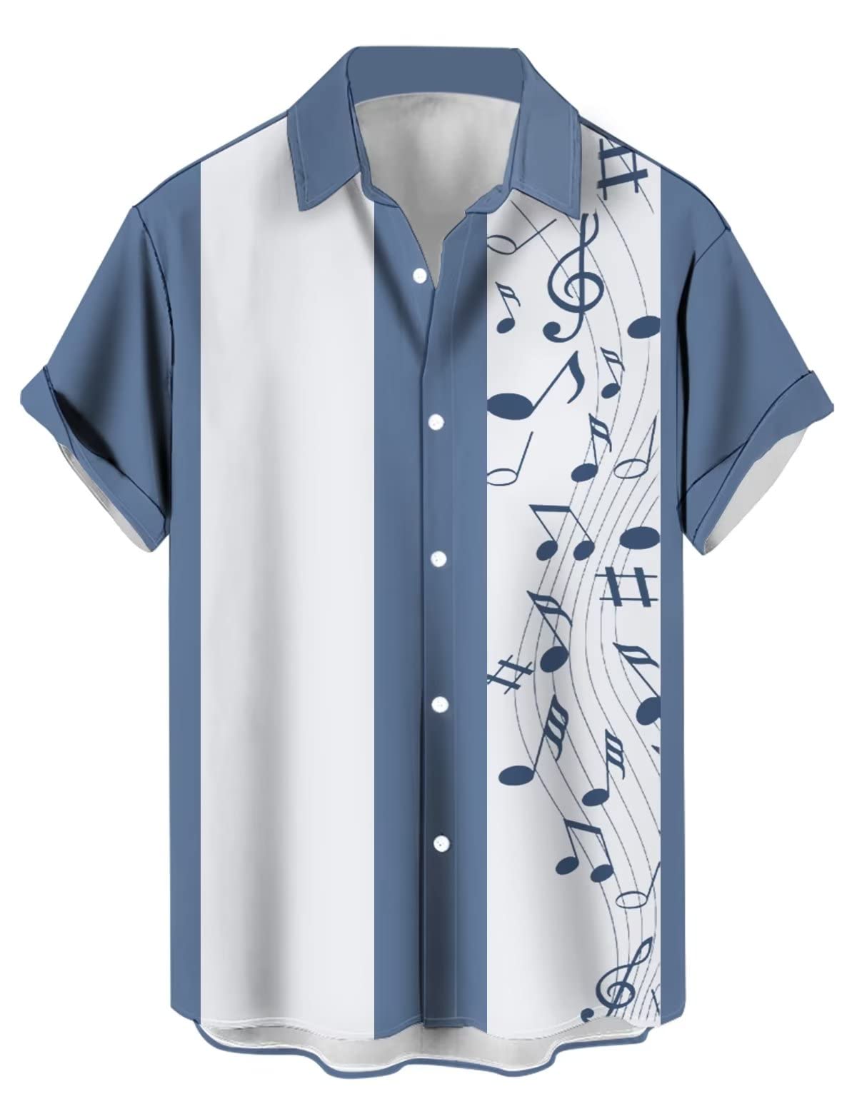 Men's Vintage Bowling Shirt 1950s Retro Rockabilly Style Short Sleeve Button Down Music Hawaiian Shirts, Music Note-light Blue, 3XL