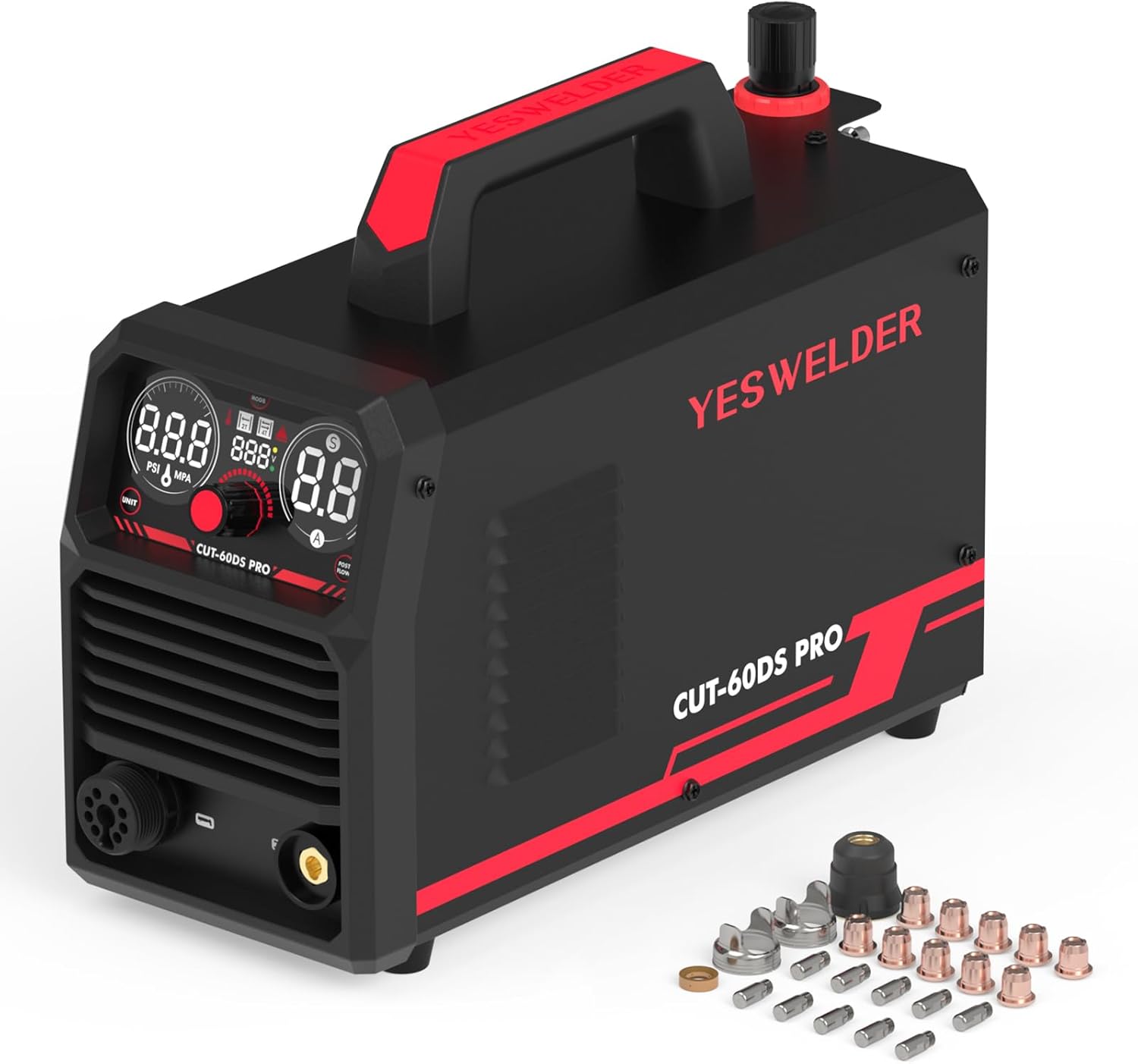 YESWELDER CUT-60DS PRO Non-High Frequency Plasma Cutter, Non-Touch Pilot Arc Digital Display Plasma Cutting Machine & 24Pcs Plasma Cutting Torch Consumables Set
