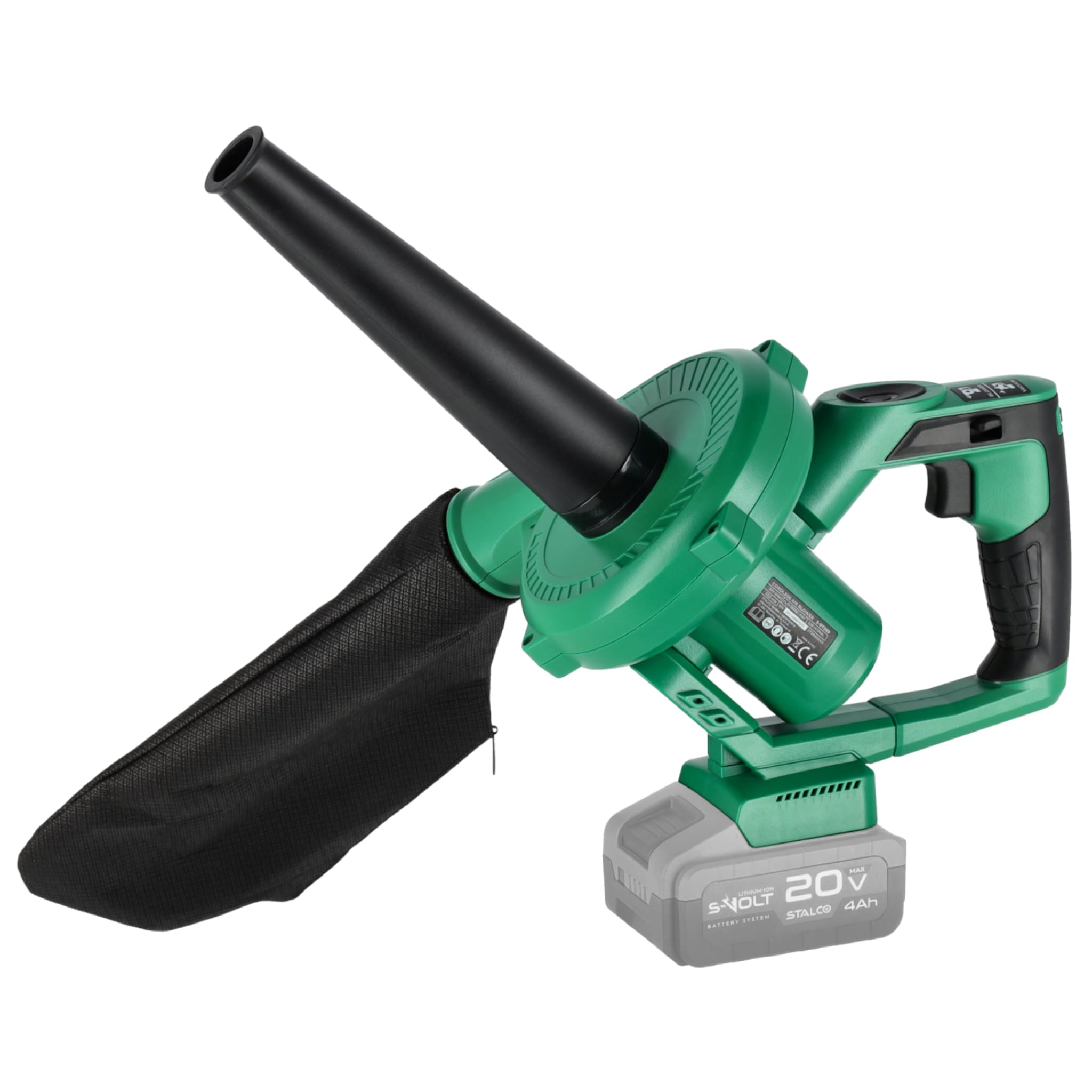 STALCO ABS20-63 akumulatorowa dmuchawa do liści i odkurzacz do liści 20 V – dmuchawa 2 w 1 z regulacją prędkości obrotowej, prędkość powietrza 63,5 m/s, pojemnik 0,5 l, 1,76 kg, bez akumulatora