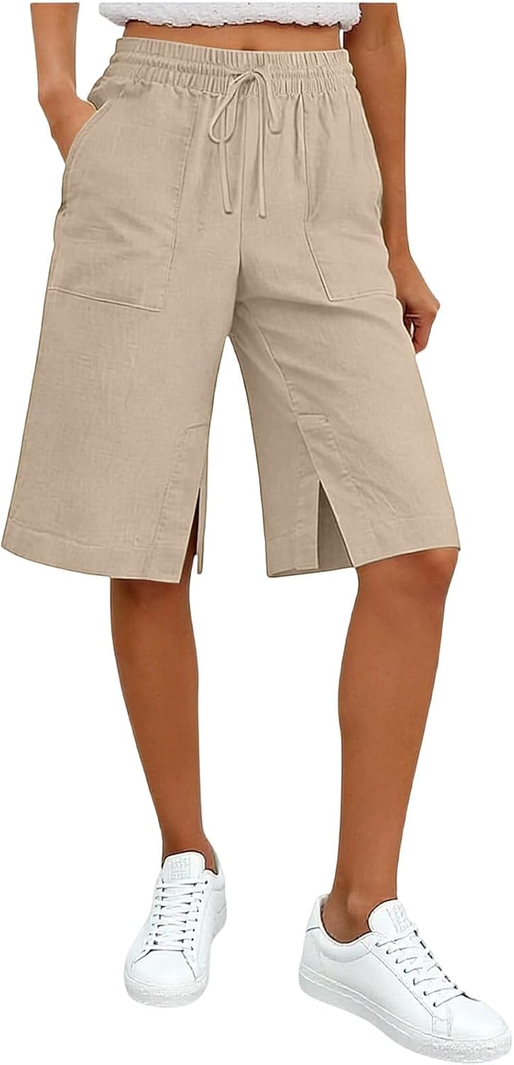 Women's Cotton Linen Shorts Side Split Casual Wide Leg Bermuda Shorts High Waisted Comfy Summer with Pockets