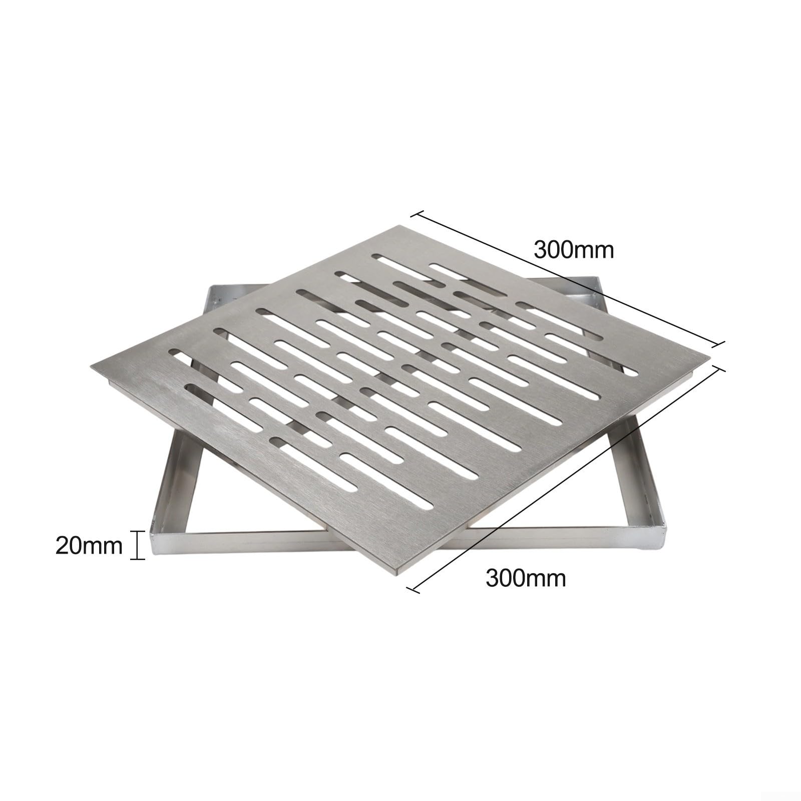 Copertura rettangolare per scarico fognario esterno con telaio in acciaio inox, copertura di drenaggio per acqua rapida per interni ed esterni (300 x 300 x 20 mm)