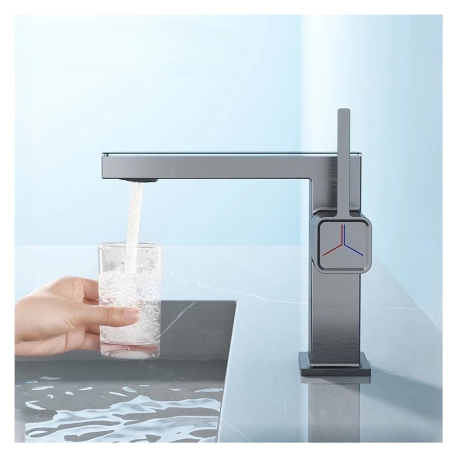 Grifo de baño gris pistola, grifo mezclador para lavabo latón con pantalla LED, monomando caliente y frío,Seguro y Confiable(Bianco)