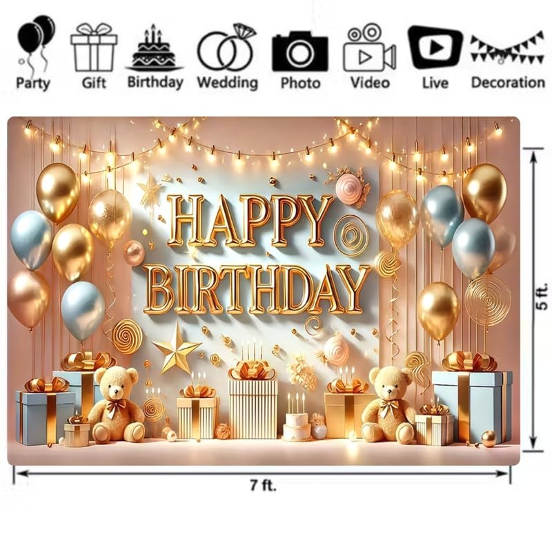 Image of Elegant Birthday Backdrop - Gold and Balloon Decor with Teddy Bear, Gifts & Candles for Party Photoshoots (Pack of 1)