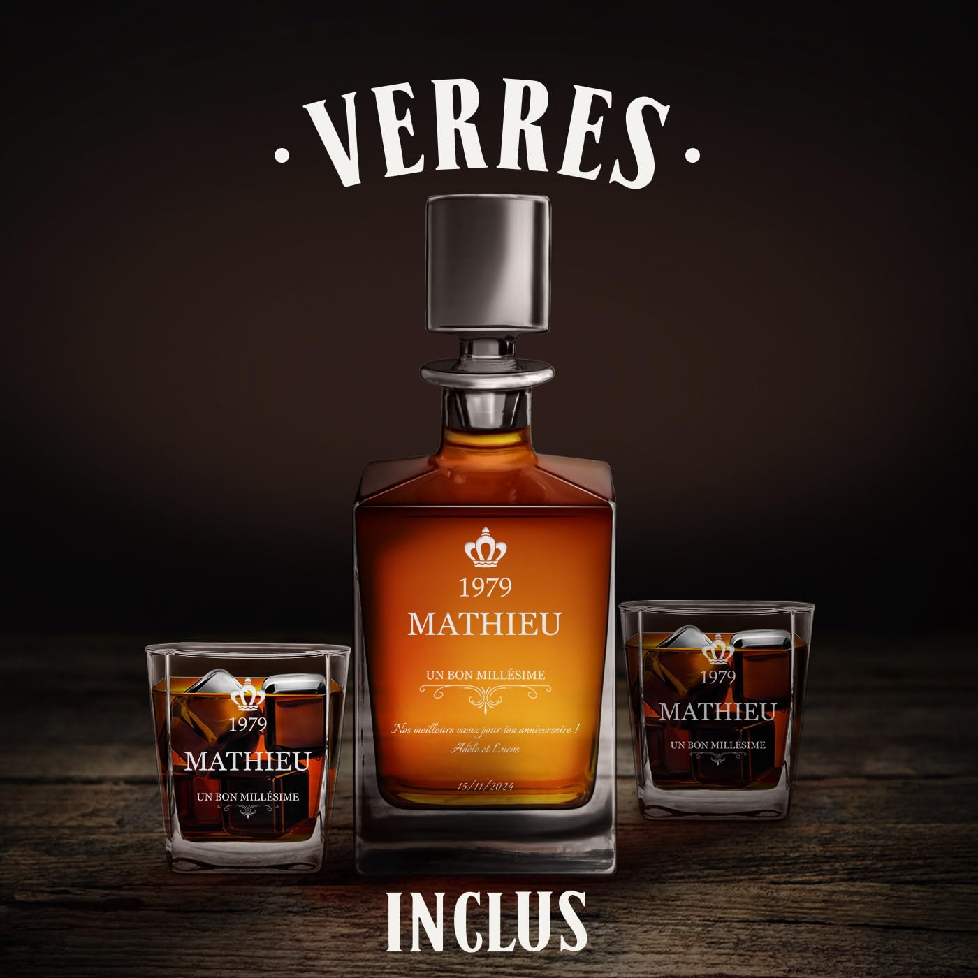 Maverton Set Whisky personnalisable - Carafe en verre et 2/4 / 6 Verres a Whisky Cadeau Homme - Ensemble Whiskey Élégant - Design Unique - pour Connaisseur - Cadeau Anniversaire Homme - Millésime