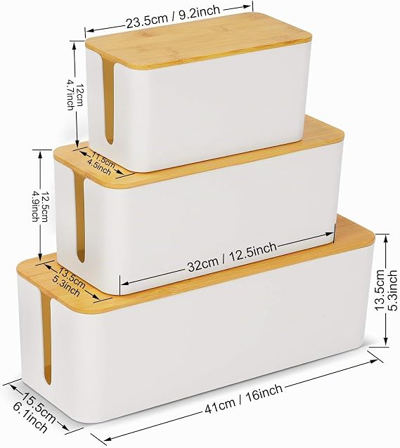 Pack of 3 Cable Box Cable Management Box for Hiding and Hiding Power Strips and Cables Cable Organiser Storage Box with Bamboo Lid and Rubber Feet (Black)