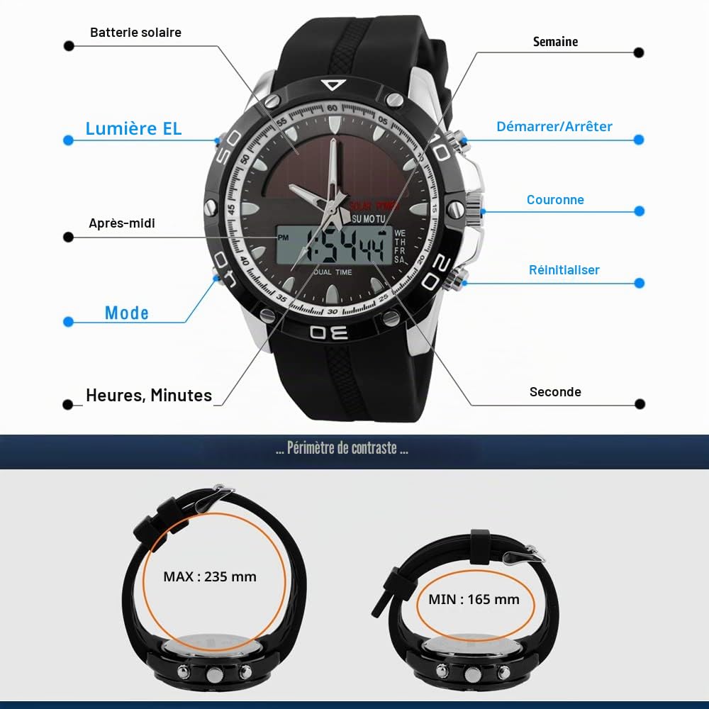 Solaire Montres Bracelet de Homme Outdoor Militaires 5ATM Étanche Multifonctionnel Analogique Quartz LED Sport Digital Montre Acier Inoxydable de la Lunette et Caoutchouc Ruban