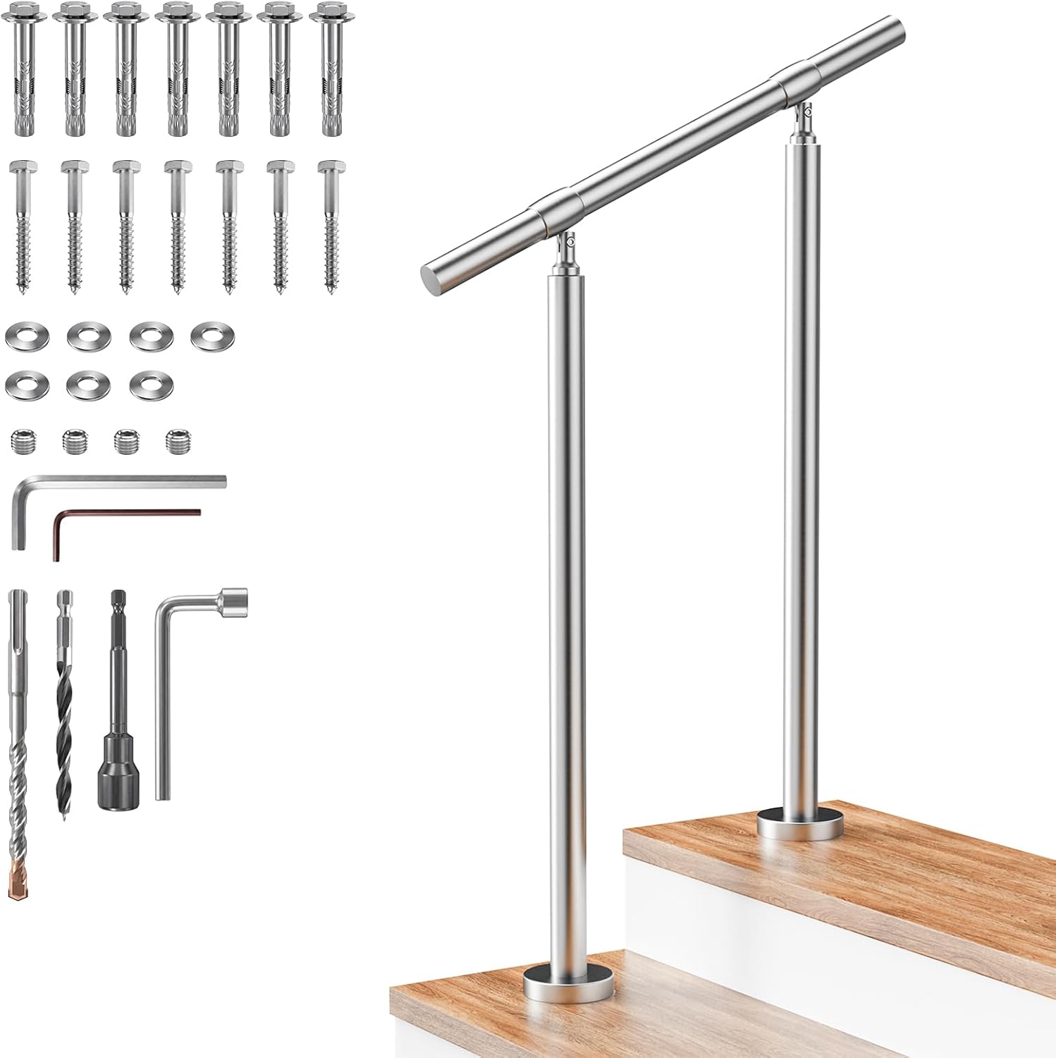 2 Step Stair Handrail Kit, 1.5" OD DIY 304 Stainless Steel Railing with 26" Top Rail for Indoor & Outdoor Installation