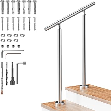 2 Step Stair Handrail Kit, 1.5" OD DIY 304 Stainless Steel Railing with 26" Top Rail for Indoor & Outdoor Installation