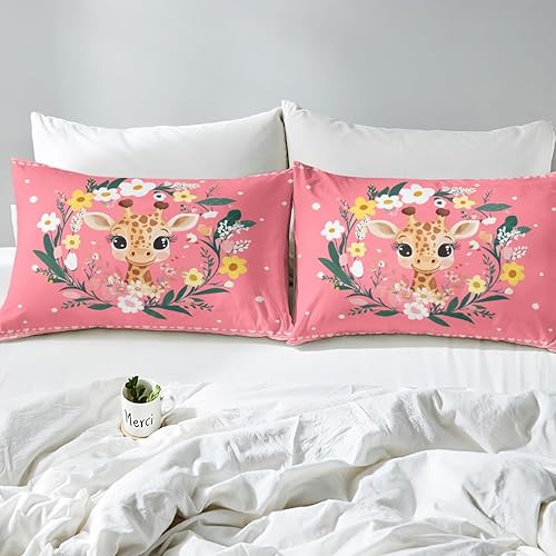 Miniatura 6 de Erosebridal Kawaii - Sábanas bajeras de jirafa de dibujos animados, tamaño individual, sábanas de vida silvestre del bosque, ropa de cama rosa,