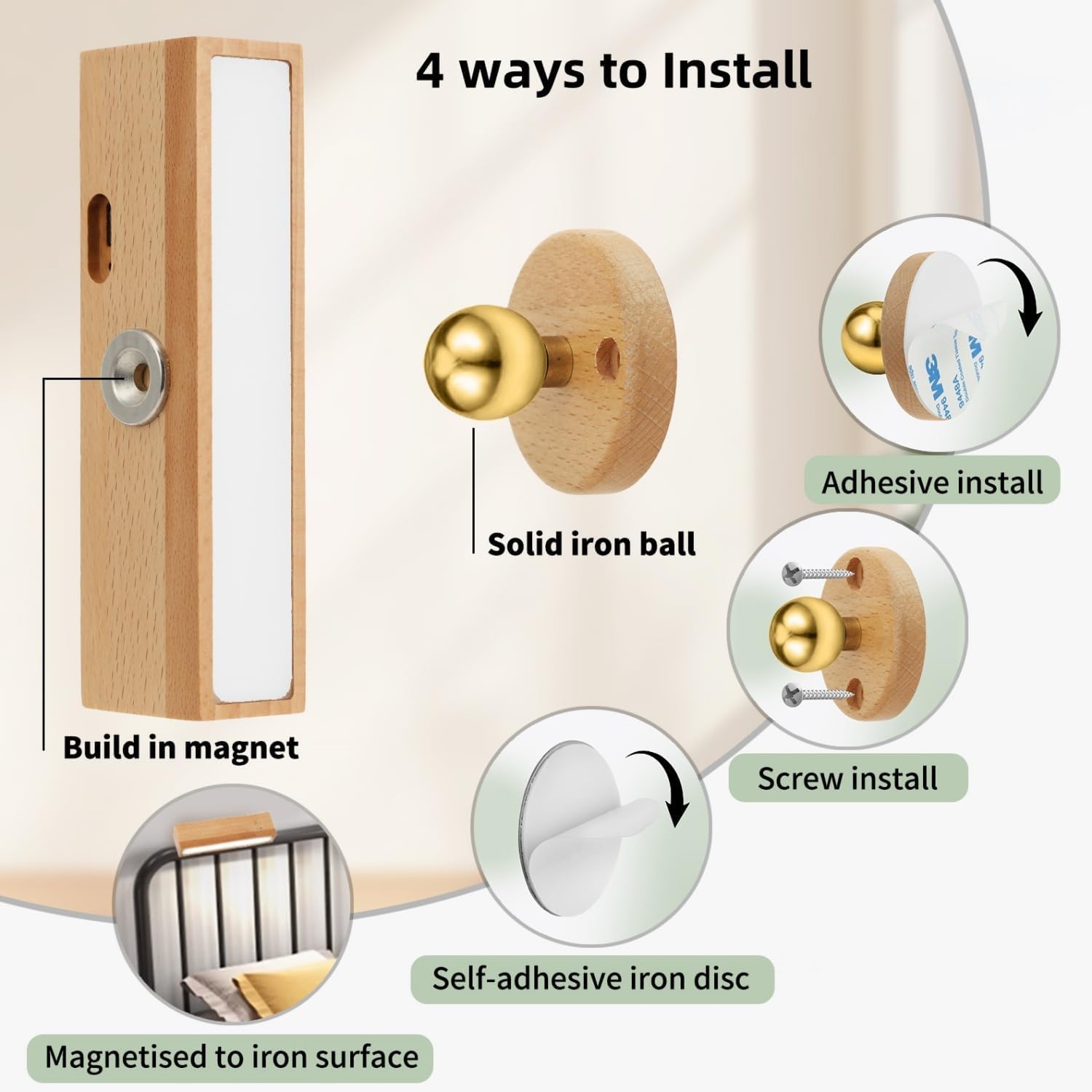 Applique Murale LED Rechargeable, Bois Massif, Réglage Luminosité Tactile, Rotation 360°, Sans Fil