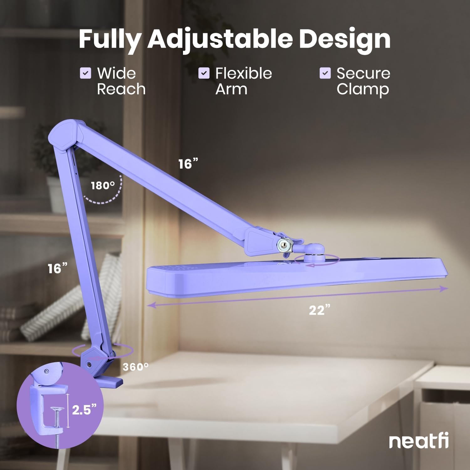 Neatfi XL 2,500 Lumens LED Task Lamp for Manicure Table, Crafts, Workbench, Office (Lavender, Non-CCT with Clamp)