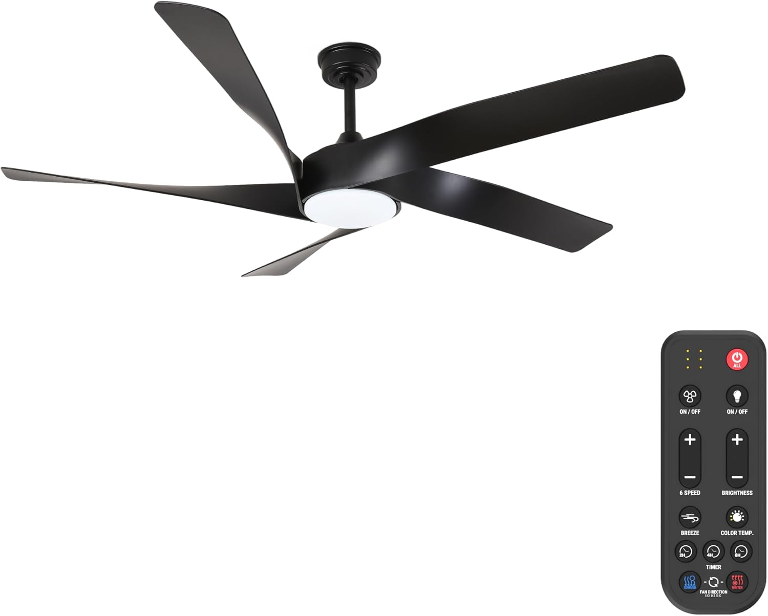 KASTLITE 60-Inch Matte Black Ceiling Fan with Light & Remote Control | 6CCT Dimmable LED, Quiet Blades, DC Motor | Downrod Mount Cooling & Lighting for Bedroom Living Room & Patio | Mighty Contour