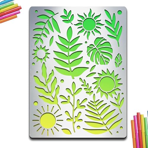MAYJOYDIY Plantilla de metal con hojas y sol, plantilla de acero inoxidable de 5.5 x 7.5 pulgadas para tallado en madera, grabado, pintura, álbumes