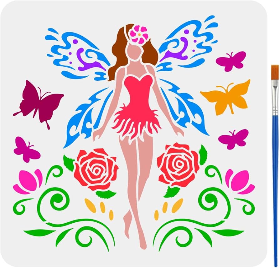 amazon-com-fingerinspire-patterned-fairy-stencil-for-painting-11-8x11-8-inch-reusable-flower-fairy-template-with-brush-hollowed-fluttering-butterflies-stencil-wings-roses-stencil-large-fantasy-theme-template-arts-crafts-sewing