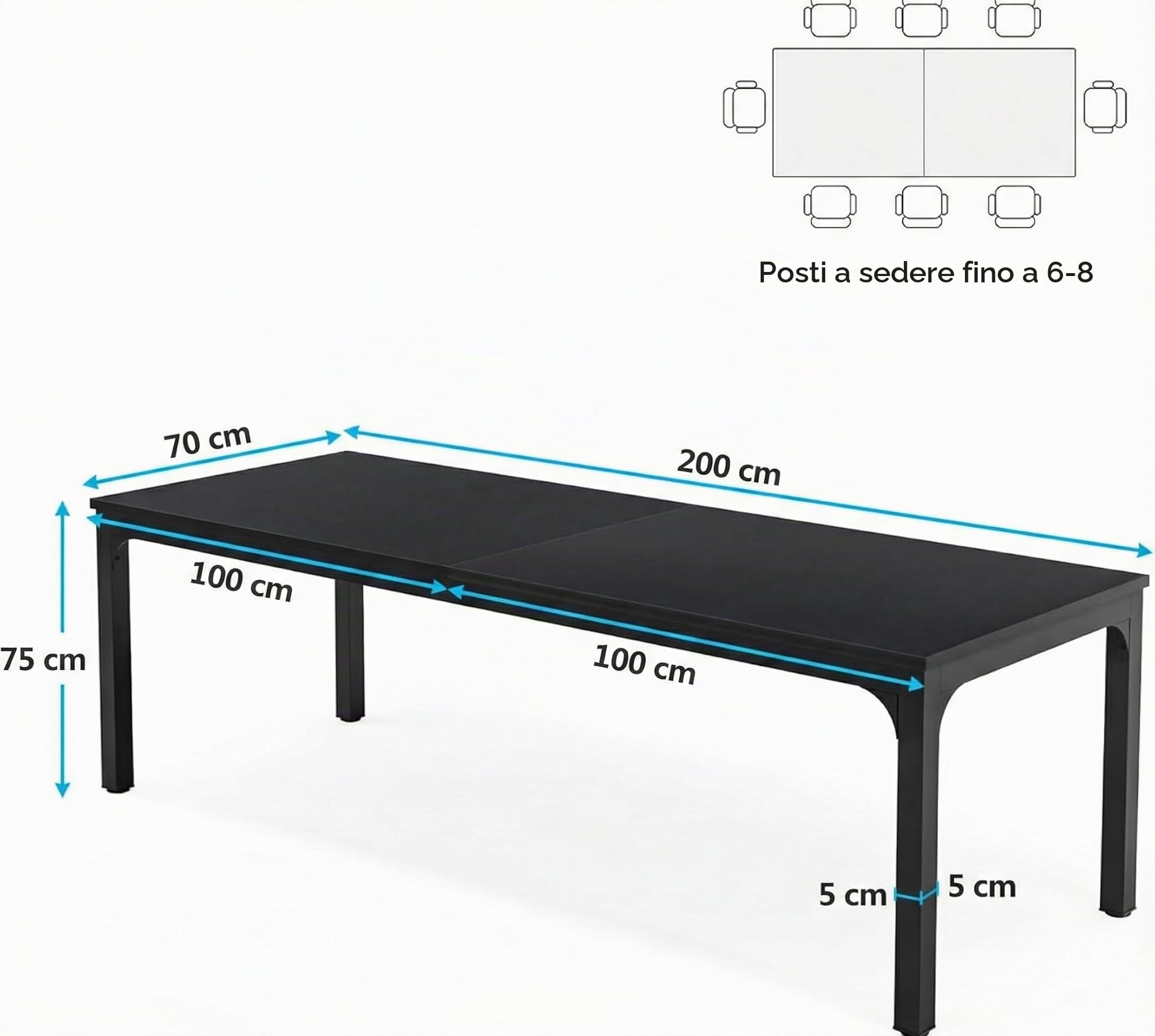 Lailang 200cm Scrivania Computer, Workstation, Scrivania Per Due Persone, Tavolo Legno, Scrivania Pc Gaming, 200 x 70 x 75 cm, Nero