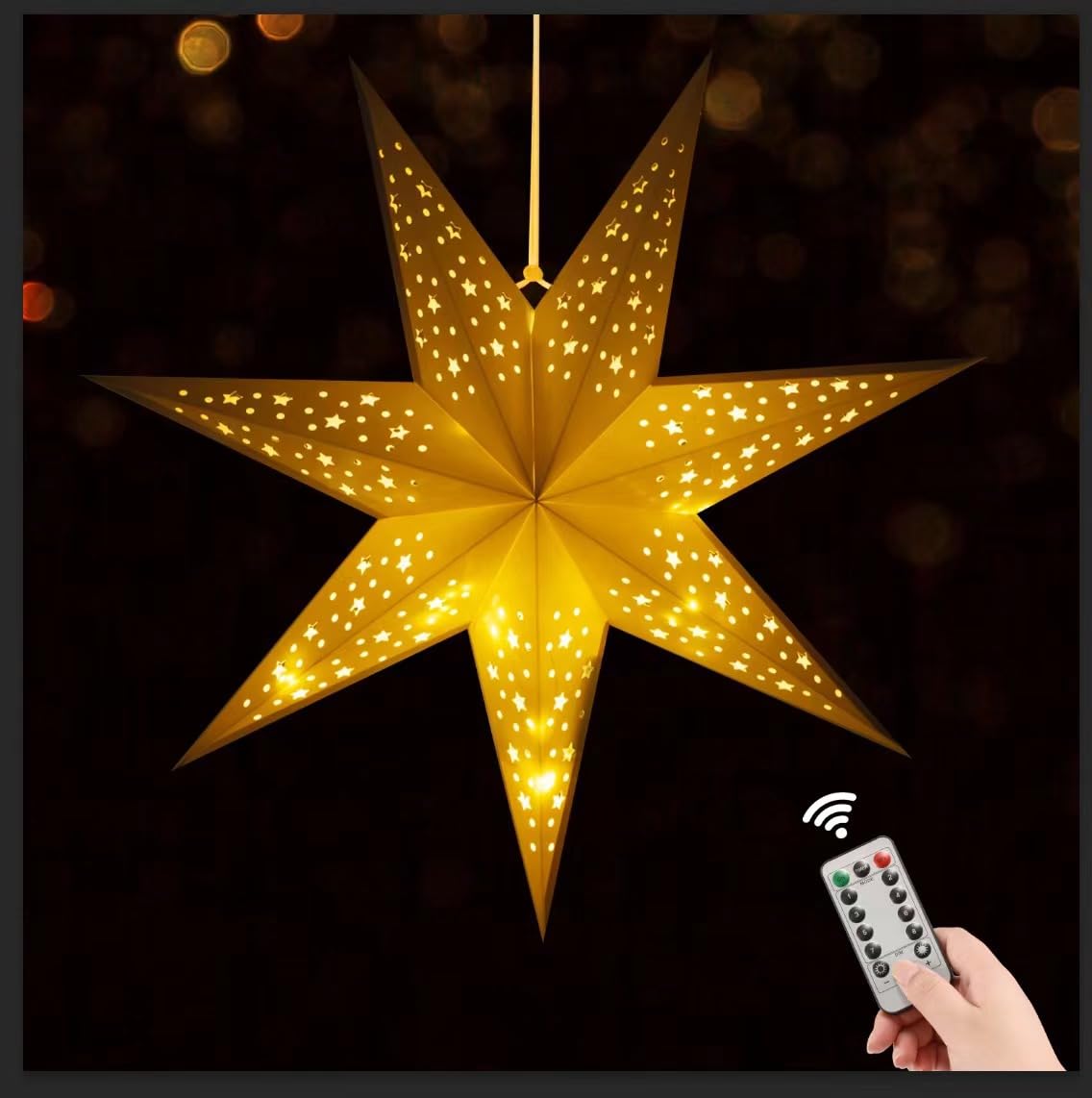 24 Inch Paper Star Lantern with 8 Mode 60 LEDs Firework Fairy Lights, 7 Point Foldable, Hollow Out Star Hanging Decoration for Indoor Outdoor Room Wedding Christmas - 1 Pack