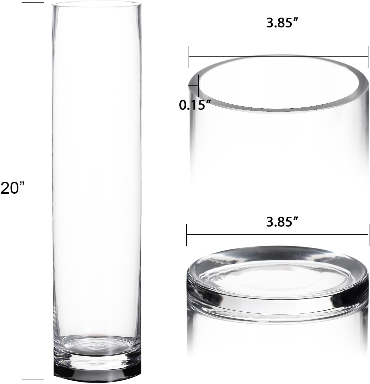 Craft and Party Cylinder Glass Vase, 6 Pack 20" Clear Cylinder Vases, Cylinder vase for Wedding Centerpiece, 4" Diameter Opening.