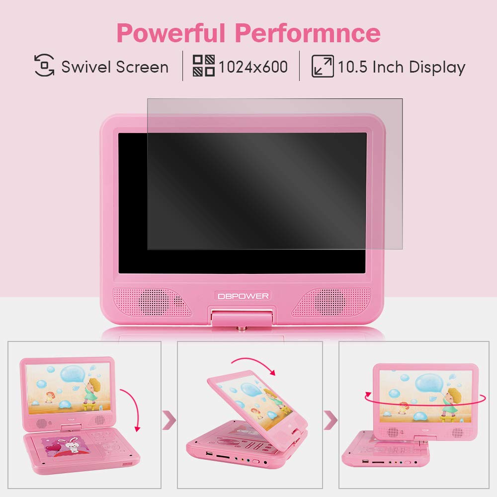 Lecteur DVD portable FUNAVO de 7.5”, écran pivotant, batterie rechargeable de 5 heures, casque et sac assorti, prend en charge les cartes SD, port USB, formats de lecture directe AVI /RMVB/ MP3 / JPEG