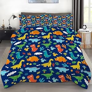 Dark Blue Dinosaurs Comforter Set King Size Cartoon Dinosaurs Bedding Set for Boys Kids Toddlers Teens Cute Quilt 1 Comforter + 2 Pillow Cases