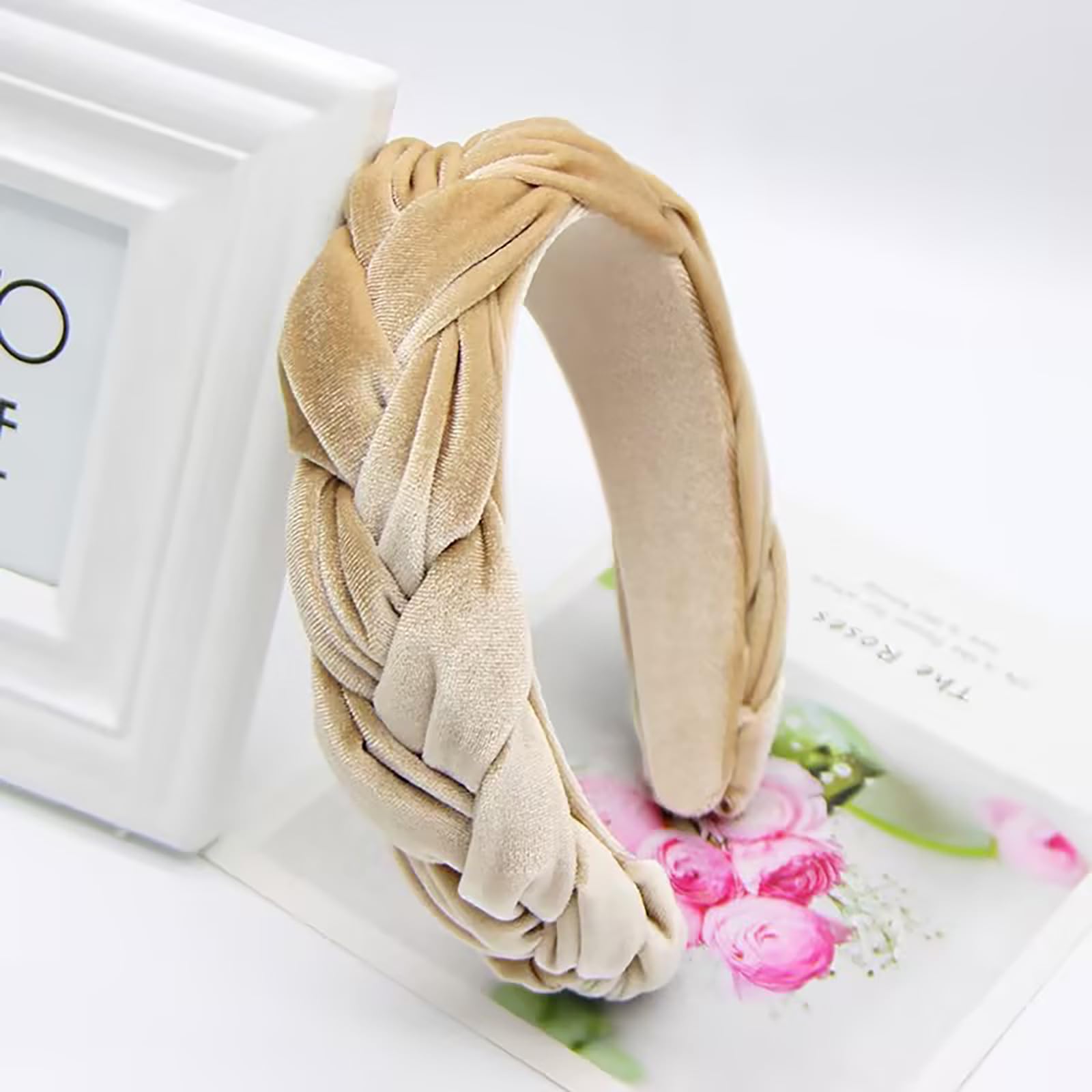 LEBENSWERT Velvet Braided Headband Women's Costume Headband Wide Vintage Hair Band Fashion Headbands for Women (Beige) - Image 3