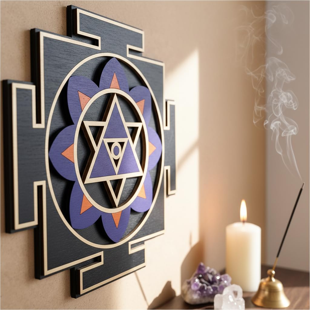 Shiva Yantra Wooden Wall Art 50 cm (19.7"), Purple Black Gold Sacred Geometry Mandala, Meditation Yoga Room Spiritual Wall Decor, Laser Cut Wall Hanging