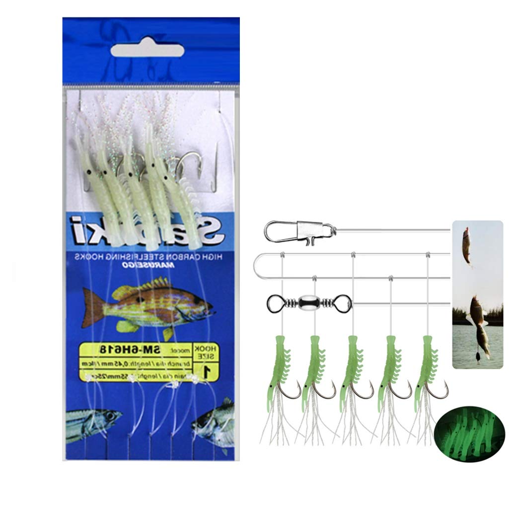 Luminous Fishing Rigs Bait Lures Glow Soft Shrimp Fish Skin String Hook Saltwater/Freshwater Fishing Bait for Mackerel and Sea Fishing (Shrimp, 5#)