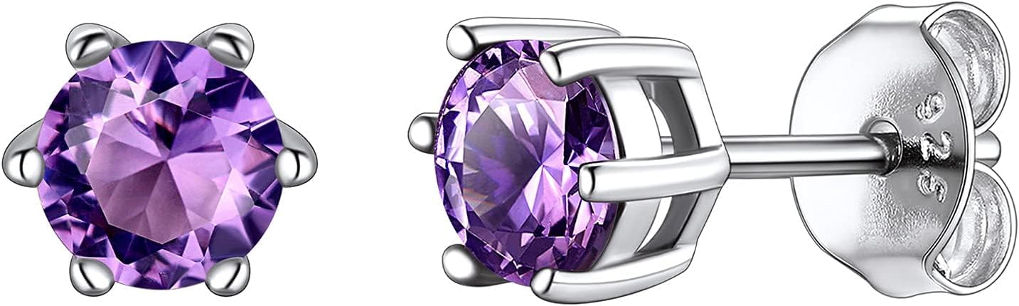 925 Sterling Silver Stud Earrings for Women, Heart/Round Birthstone Earrings Birthday Jewelry for Women Wife Daughter (with Gift Box)