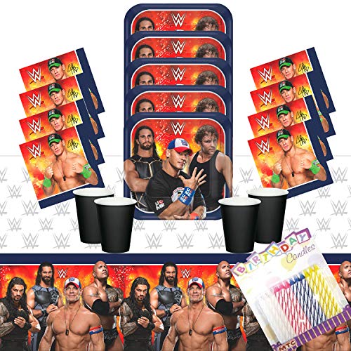WWE Wrestling Party Dessert Plates Beverage Napkins Cups and Table Cover Serves 16 with Birthday Candles - WWE Party Supplies Pack (Bundle for 16)