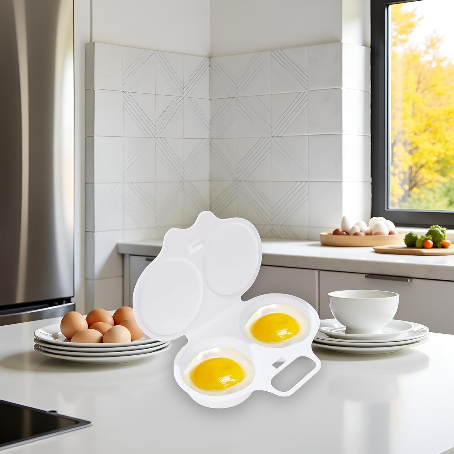 2-Cavity Nonstick Microwave Egg Poacher with Lid -White Plastic Egg Cooker for Perfect Poached Eggs